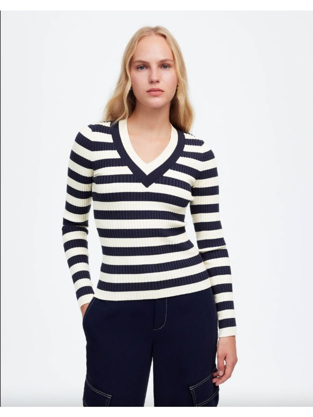 Madewell V-Neck Sweater M Navy Stripe Stretch Minimalist Contemporary